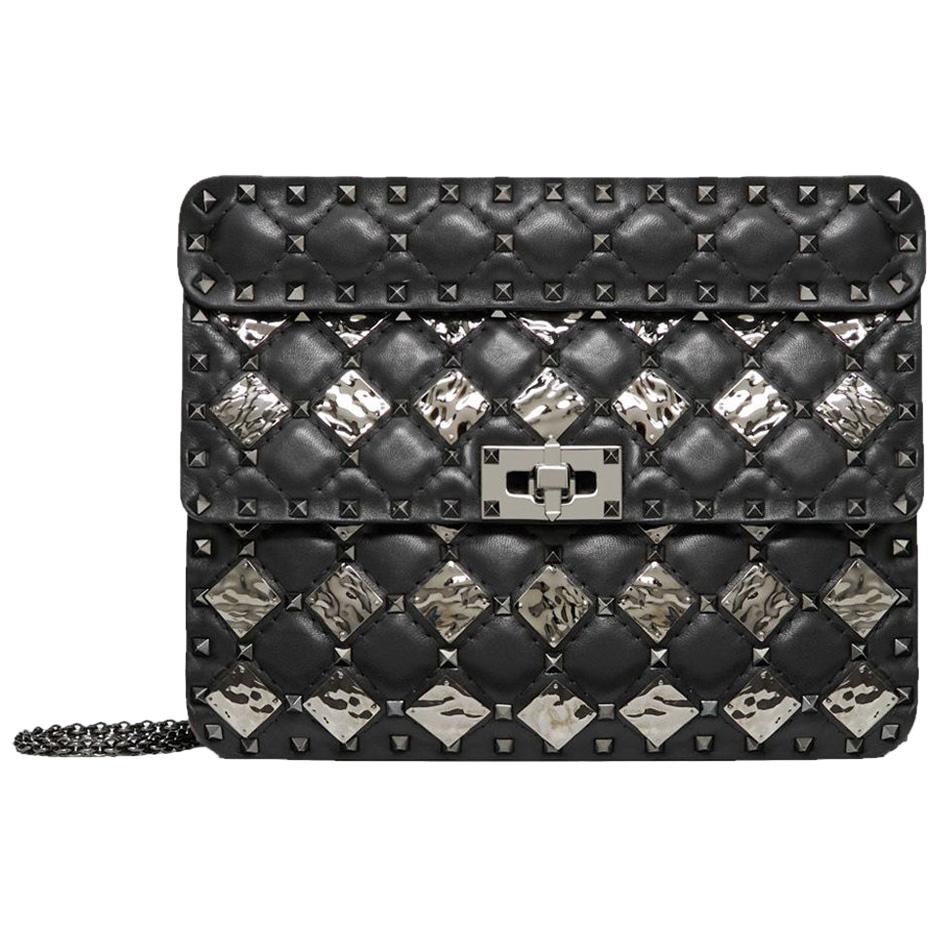 Valentino Black Leather with Metal Rhombus Detail Medium Spike Shoulder Bag
