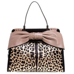 Valentino Black Leopard Print Raffia Patent Leather Aphrodite Bow Top Handle Bag