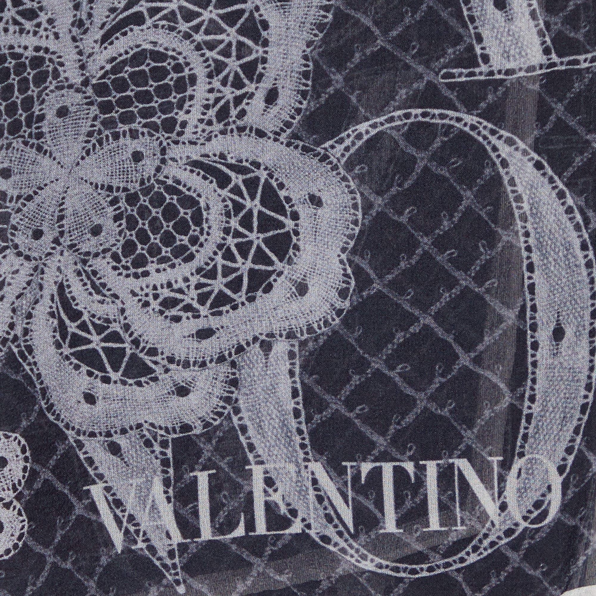 Valentino Black Logo & Floral Printed Silk Scarf In Good Condition In Dubai, Al Qouz 2