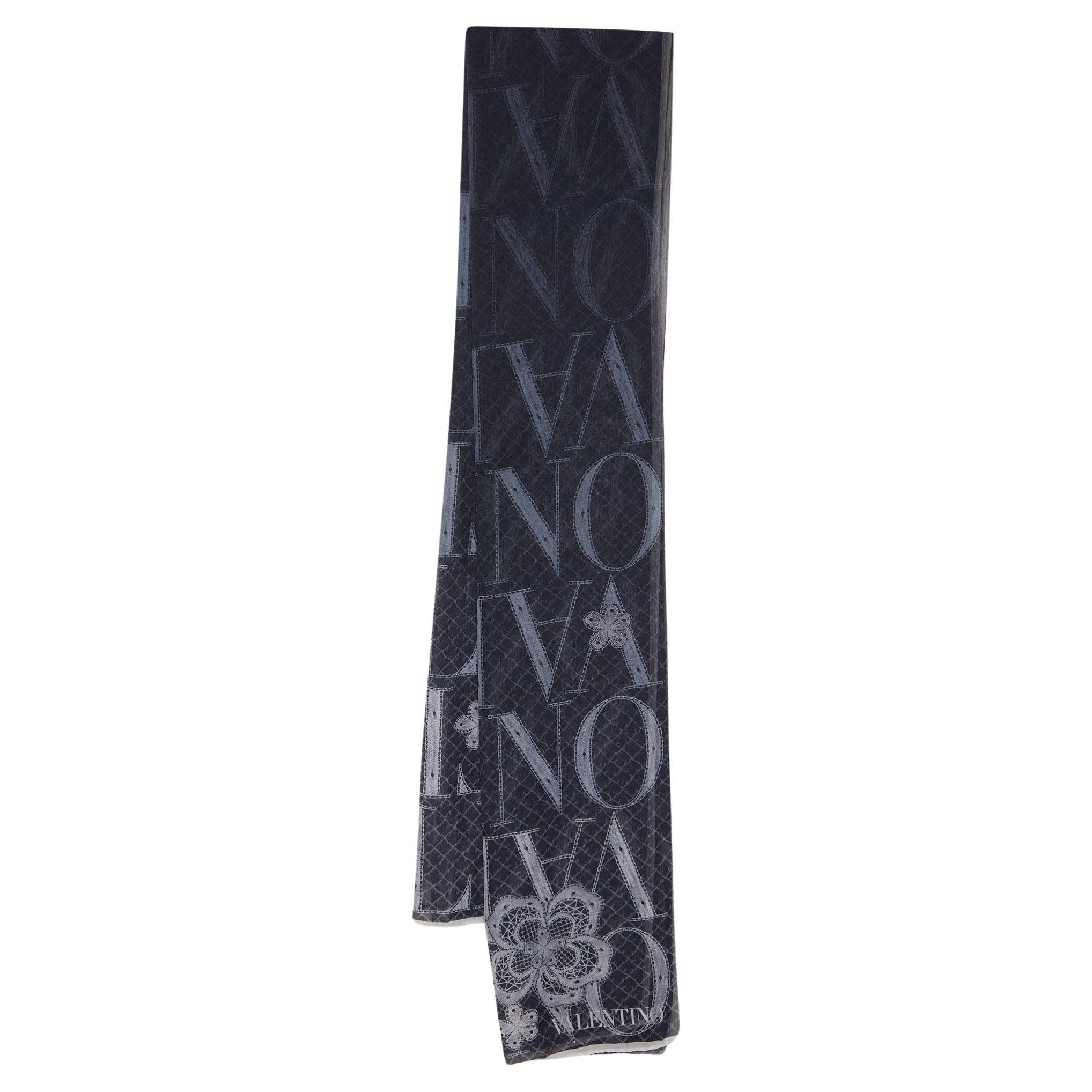 Valentino Black Logo & Floral Printed Silk Scarf