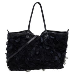 Valentino Black Mesh And Leather Floral Applique Tote