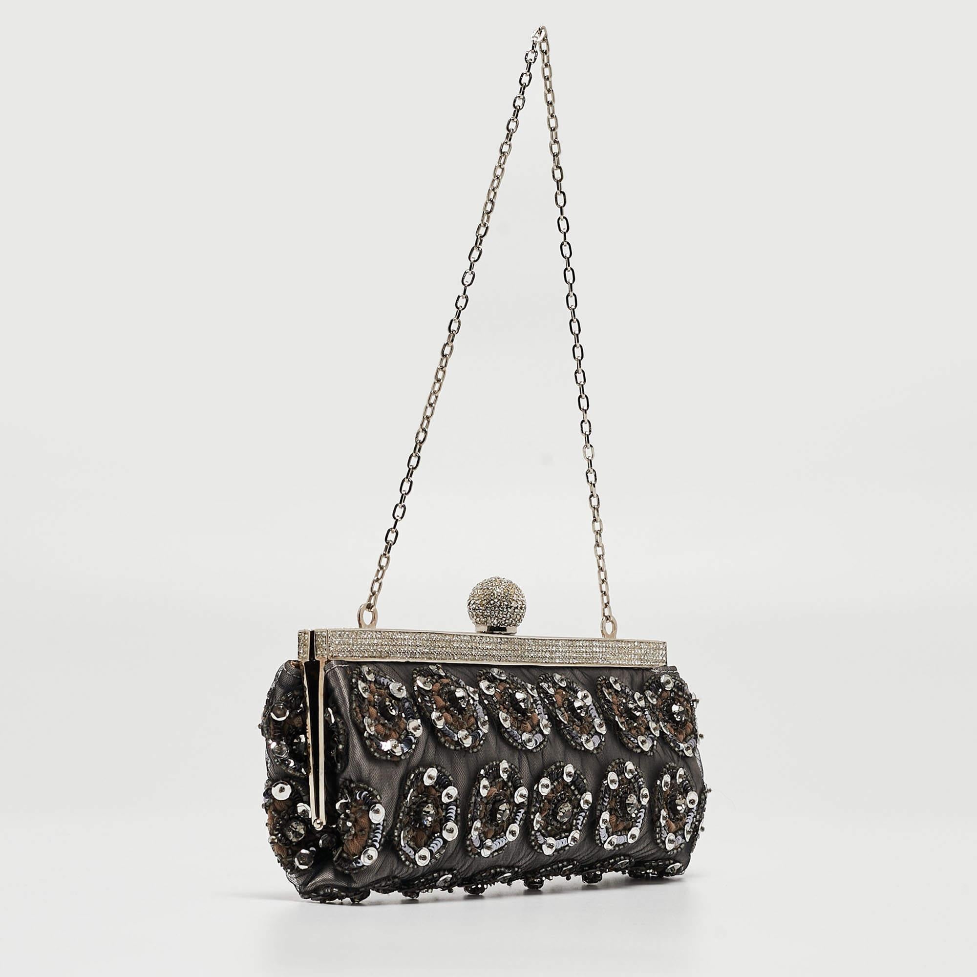 Women's Valentino Black Mesh Embellished Frame Chain Clutch