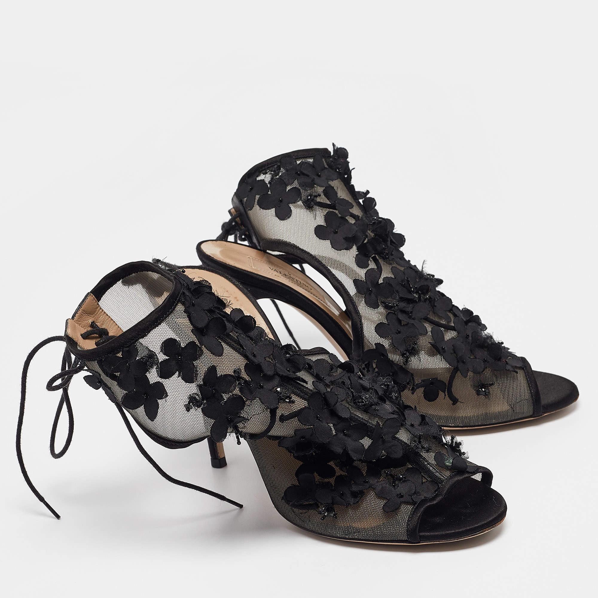 Women's Valentino Black Mesh Floral Applique Ankle Tie Sandals Size 39