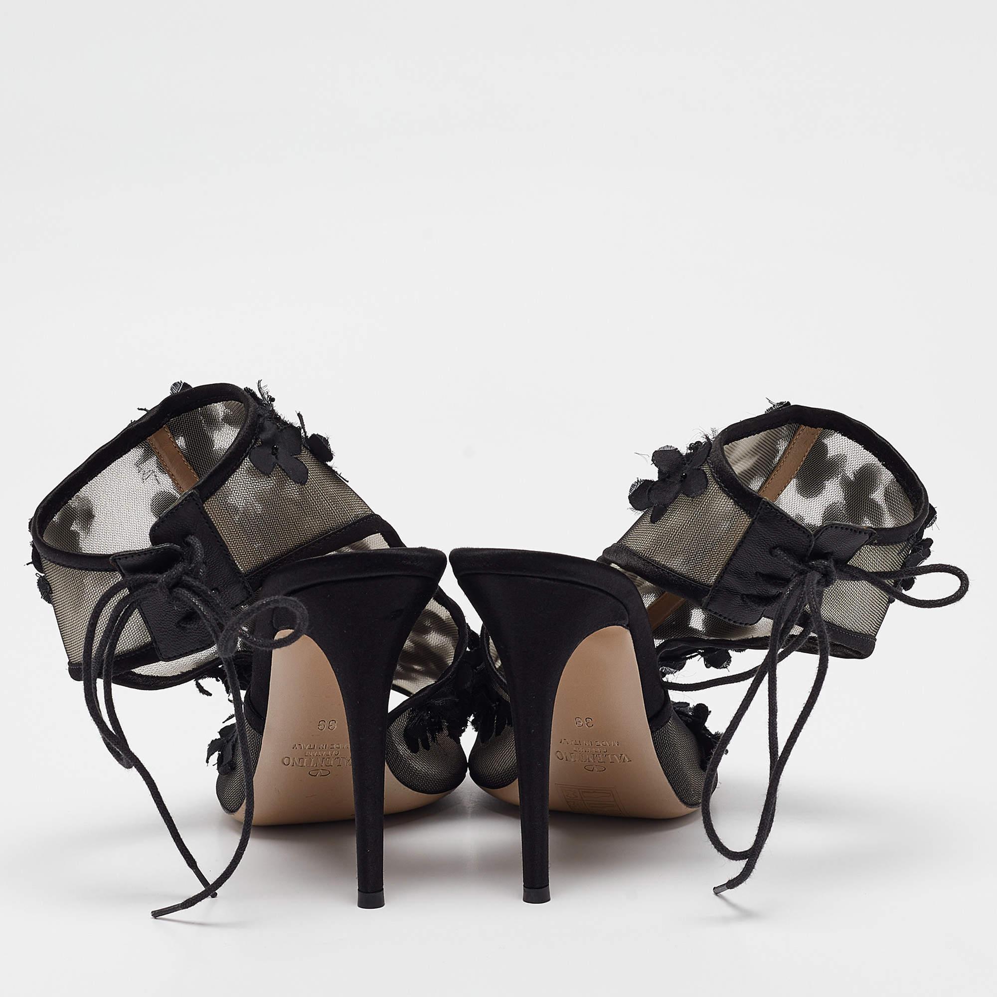 Valentino Black Mesh Floral Applique Ankle Tie Sandals Size 39 1