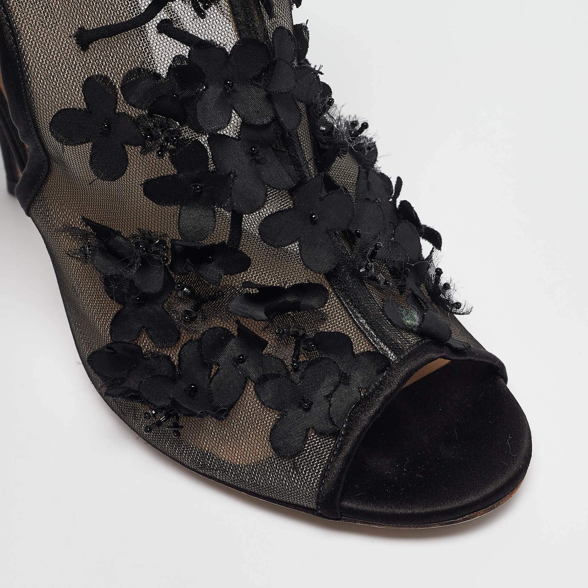Valentino Black Mesh Floral Applique Ankle Tie Sandals Size 39 3