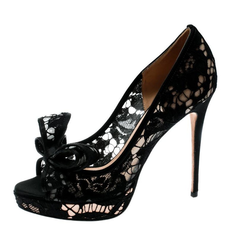 Valentino Black Mesh Floral Couture Bow Lace Peep Toe Platform Pumps ...