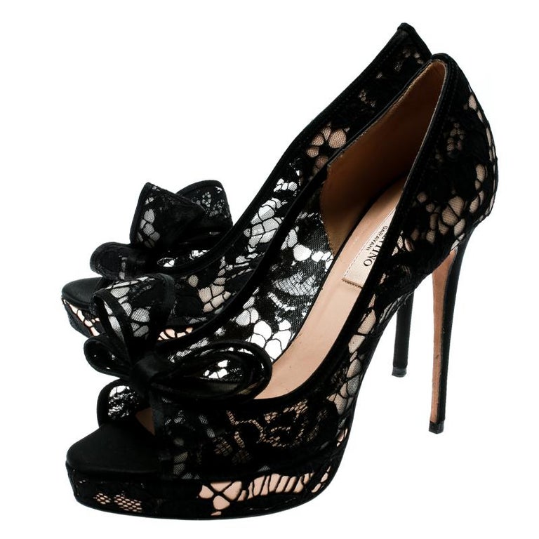 Valentino Black Mesh Floral Couture Bow Lace Peep Toe Platform Pumps ...