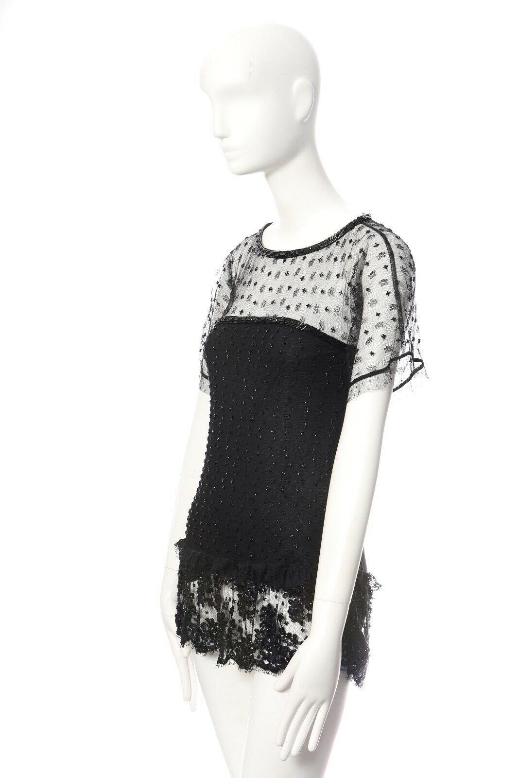 Black VALENTINO black mesh lace bead embellished t-shirt couture top IT40 US4 UK8 S