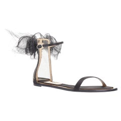 VALENTINO black mesh tulle embellished back simple straps flat sandals EU37