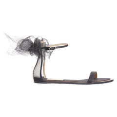 VALENTINO black mesh tulle embellished back simple straps flat sandals EU37