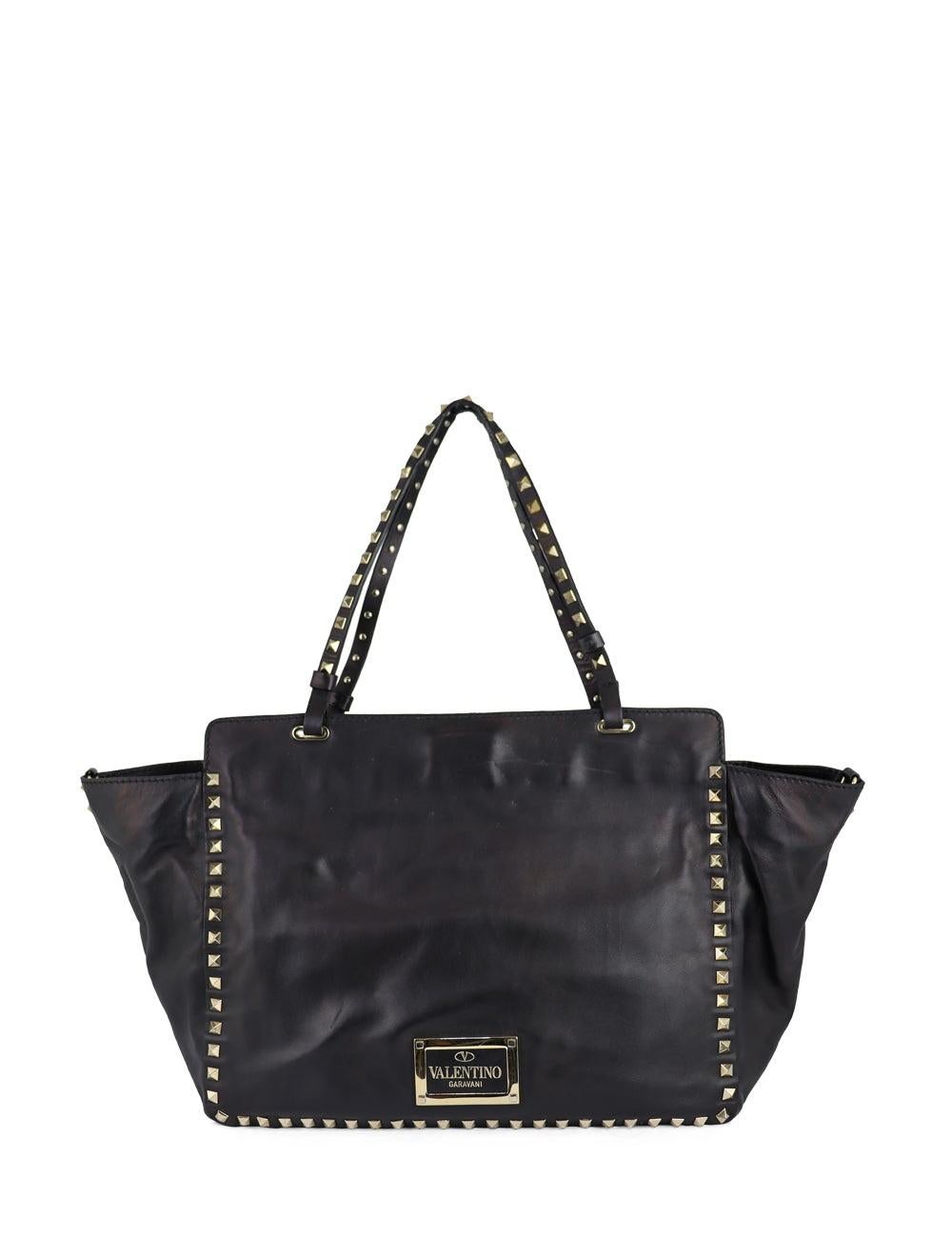 Valentino Black Metallic Leather Handbag with Gold-tone Studs In Good Condition In Amman, JO