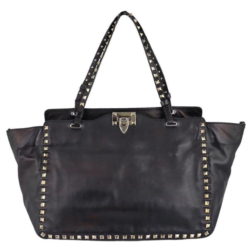 Valentino Black Metallic Leather Handbag with Gold-tone Studs
