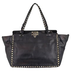 Used Valentino Black Metallic Leather Handbag with Gold-tone Studs