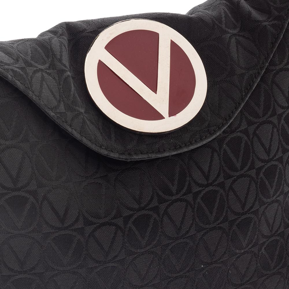 Valentino Black Monogram Canvas and Leather Round VRing Logo Baguette Bag 4