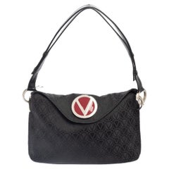 Valentino Black Monogram Canvas and Leather Round VRing Logo Baguette Bag