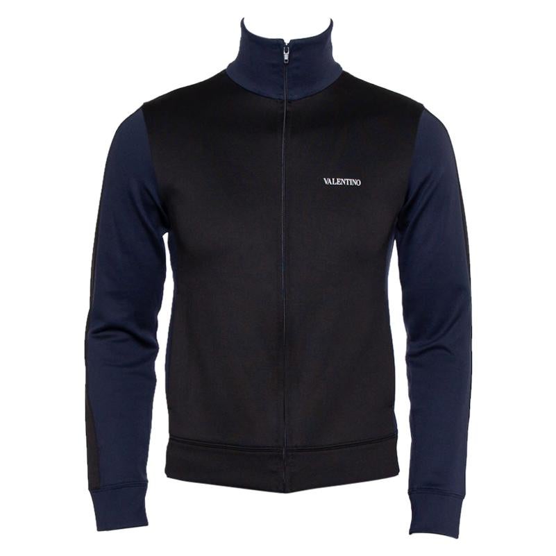 Valentino Black & Navy Blue Paneled Jersey Logo Printed Zip Front Track Jacket X