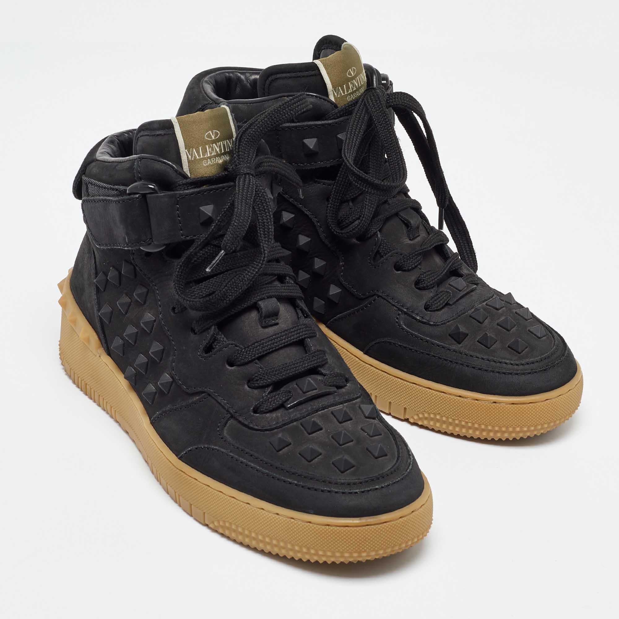 Men's Valentino Black Nubuck Leather Rockstud Mid Top Sneakers Size 40