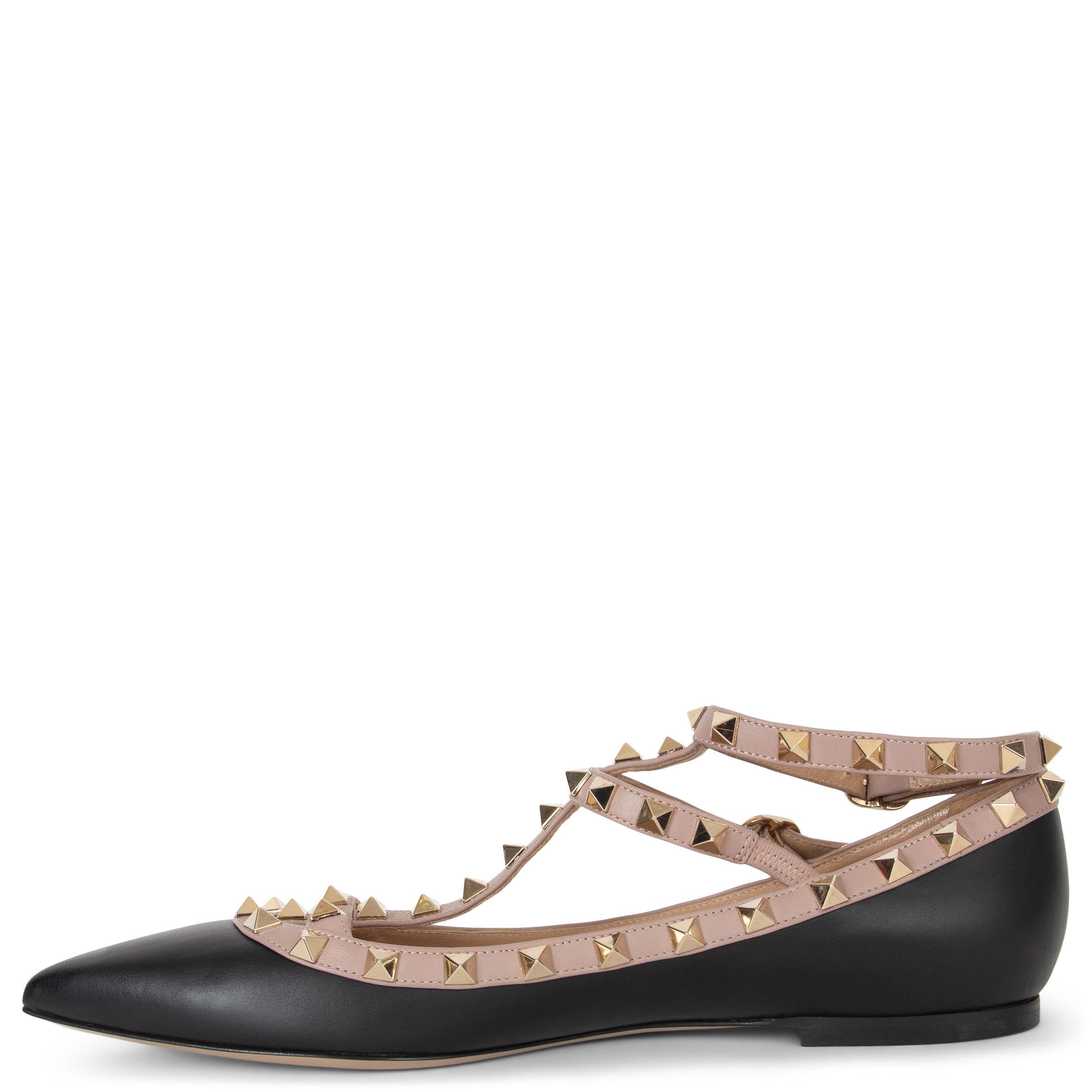Black VALENTINO black & nude leather ROCKSTUD CAGE Ballet Flats Shoes 39 fit 38.5 For Sale