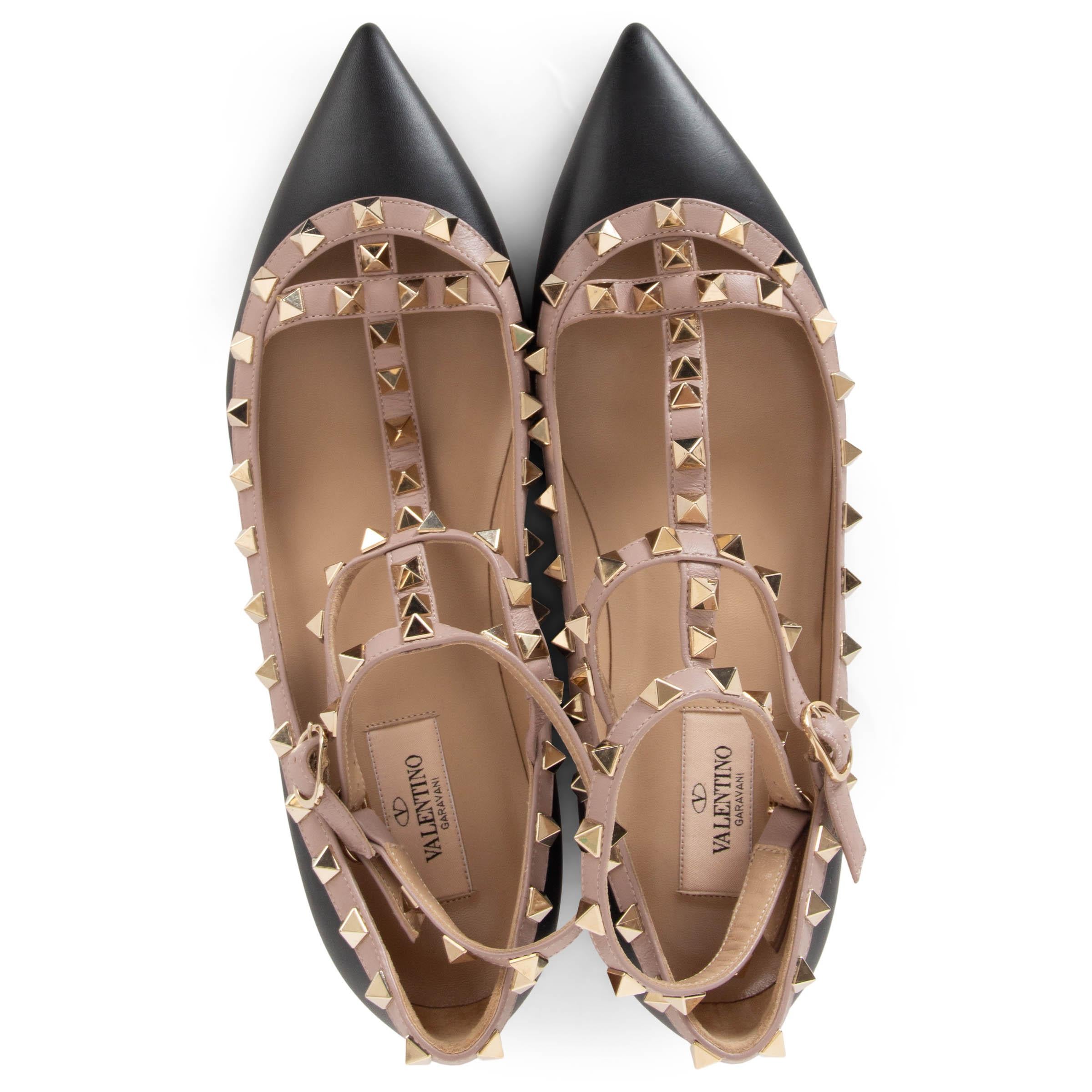 Women's VALENTINO black & nude leather ROCKSTUD CAGE Ballet Flats Shoes 39 fit 38.5 For Sale