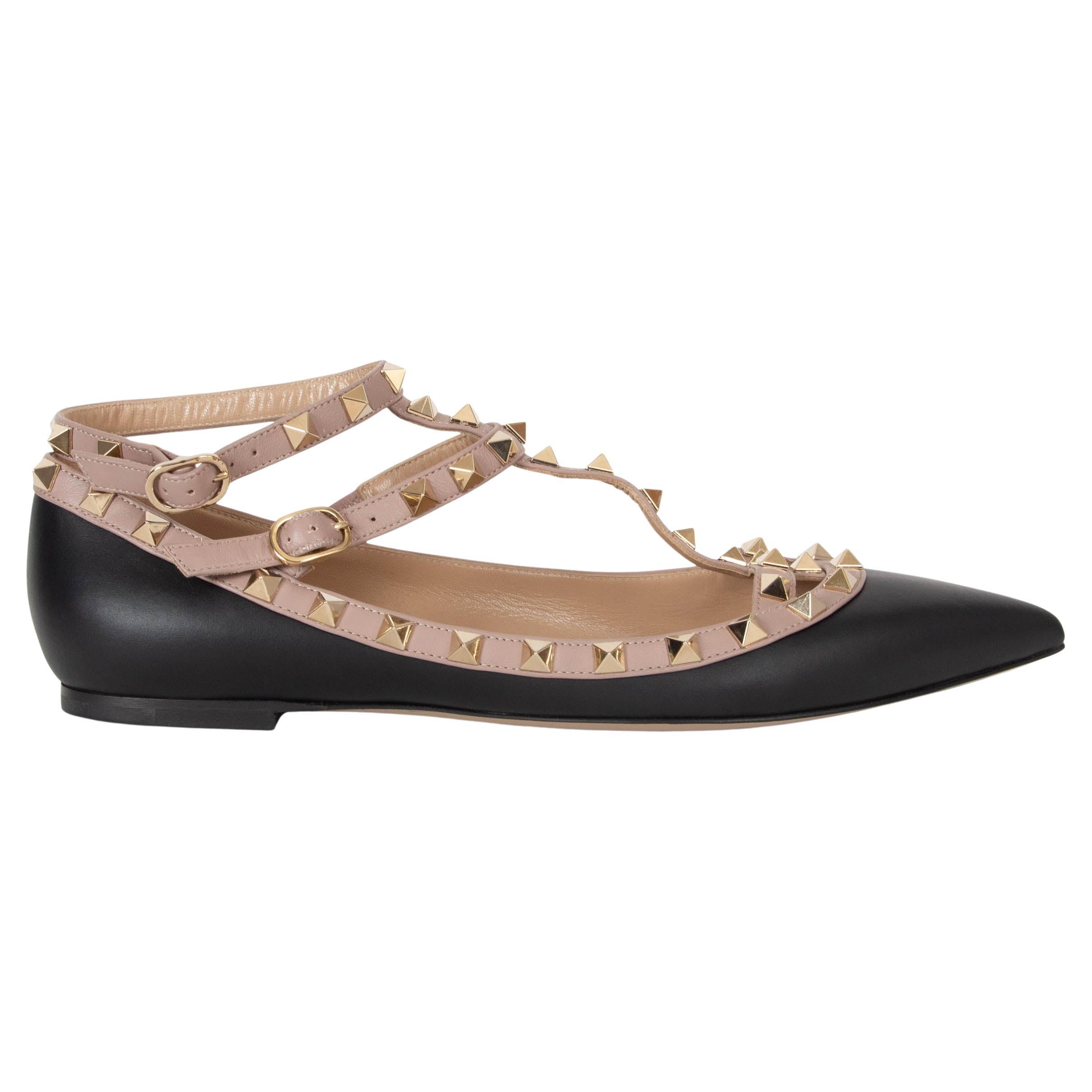 VALENTINO black & nude leather ROCKSTUD CAGE Ballet Flats Shoes 39 fit 38.5 For Sale