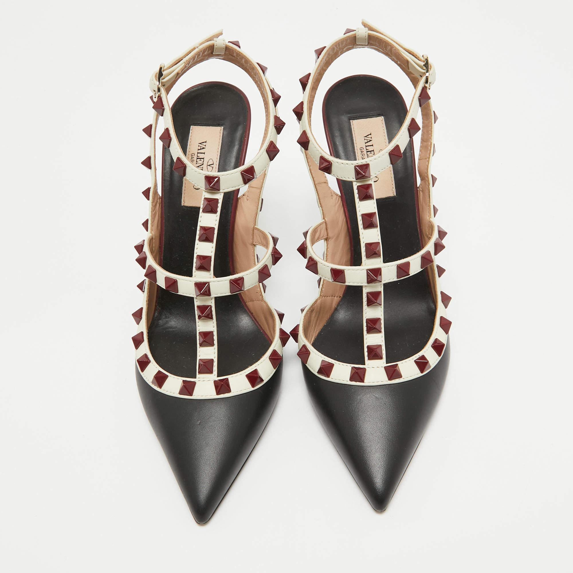 Marron Valentino - Escarpins Rockstud en cuir noir/off-White - Taille 38
