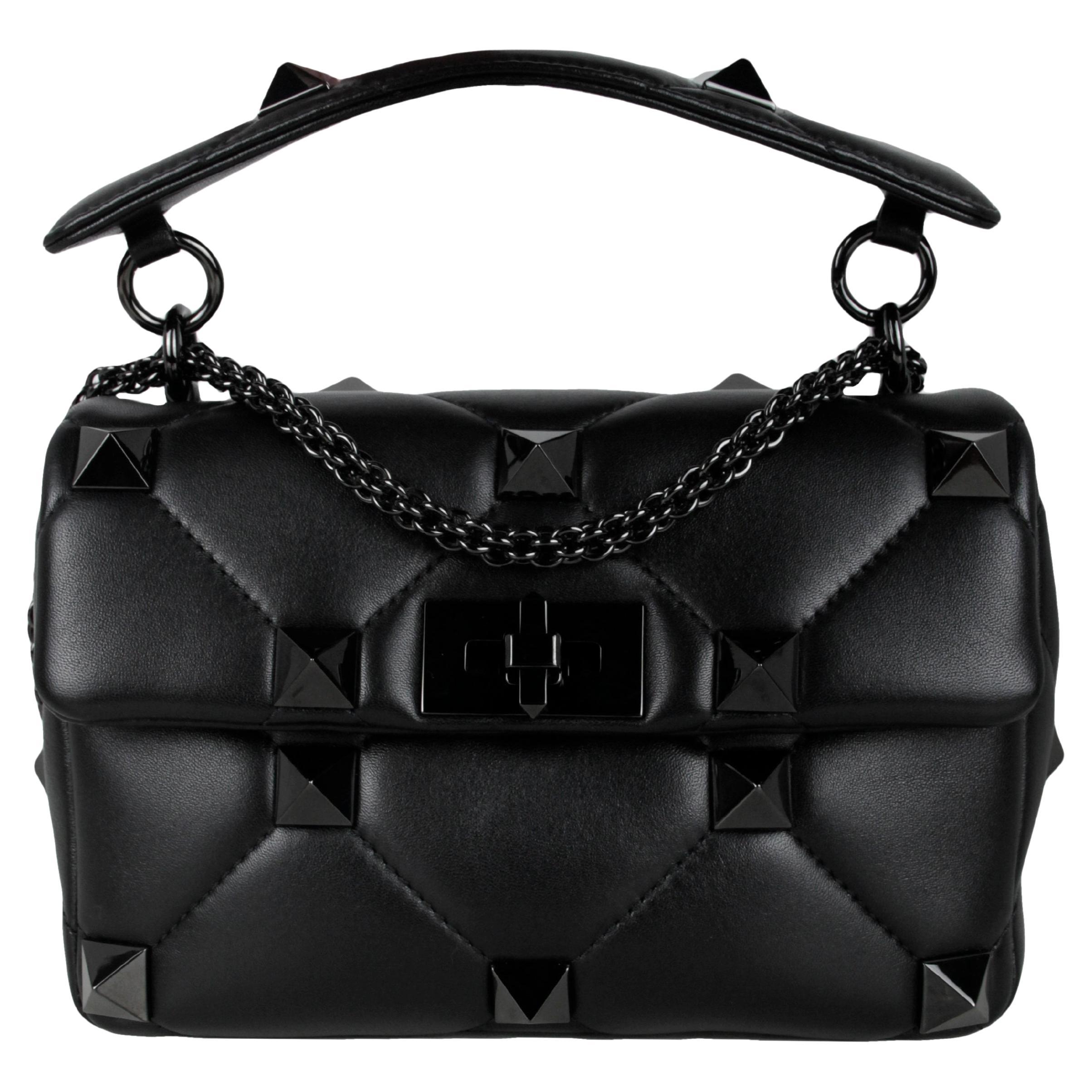 Valentino Black on Black Medium Roman Studded Quilted Flap Shoulder Bag rt $3650