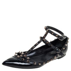 Valentino Black Patent And Leather Rockstud Ankle Strap Ballet Flats Size 38