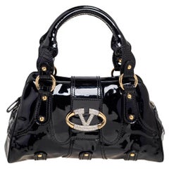 Valentino Black Patent Leather and Crystal Catch Satchel