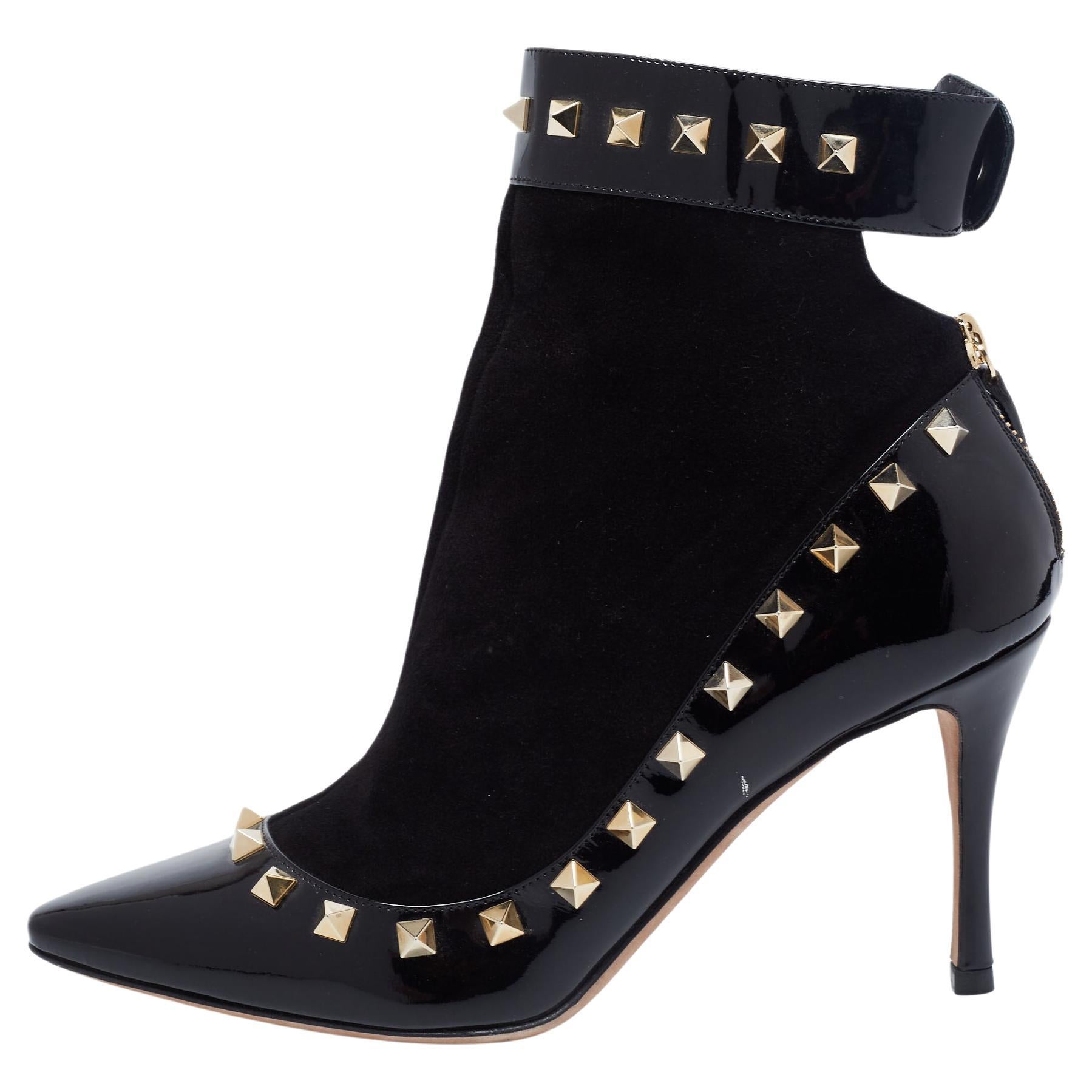 Valentino Black Patent Leather and Suede Rockstud Ankle Boots Size 37