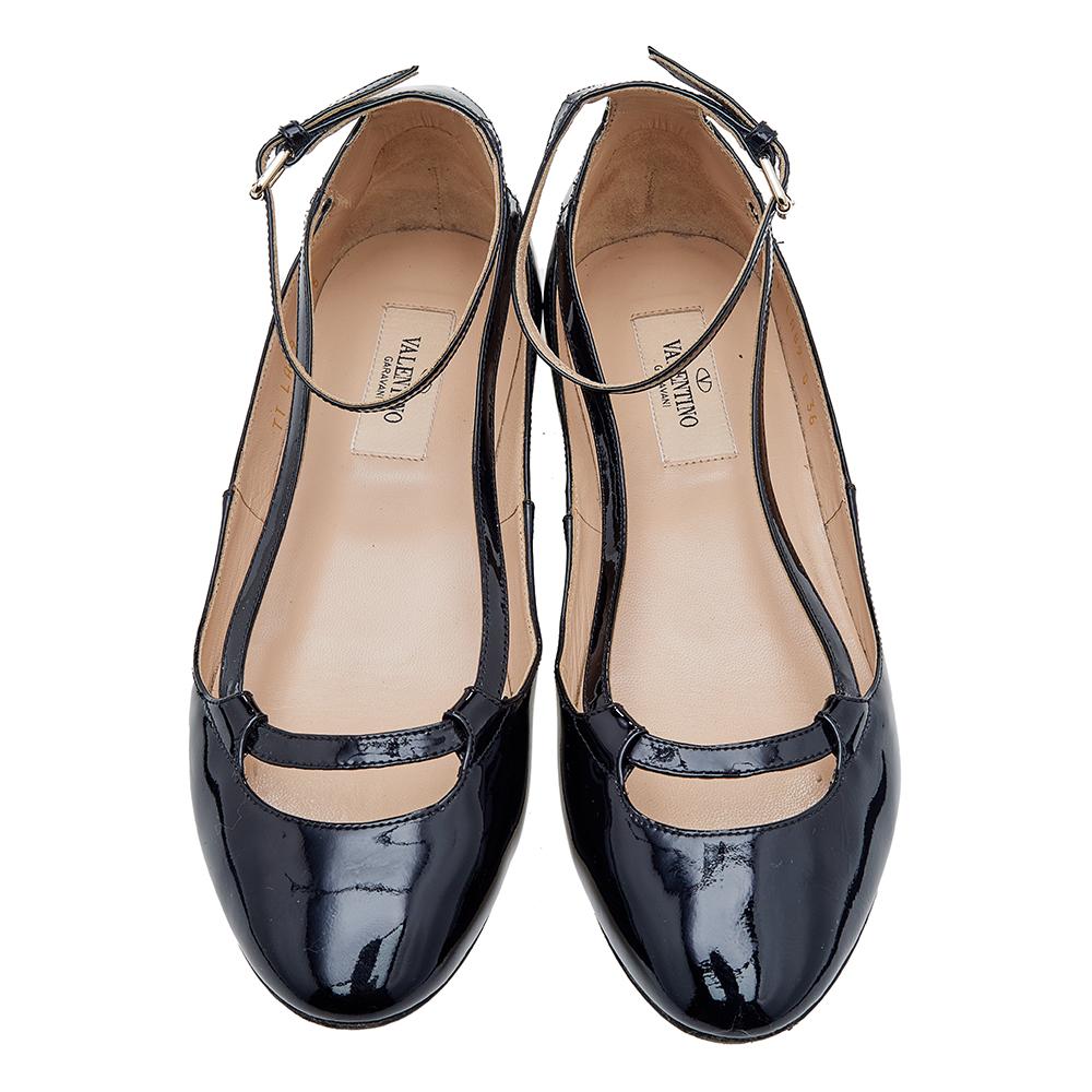 Women's Valentino Black Patent Leather Ankle Strap Ballet Flats Size 36