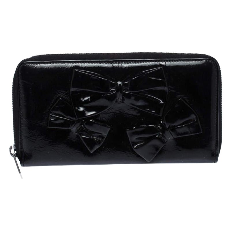 Valentino Black Patent Leather Bow Continental Zip Around Wallet