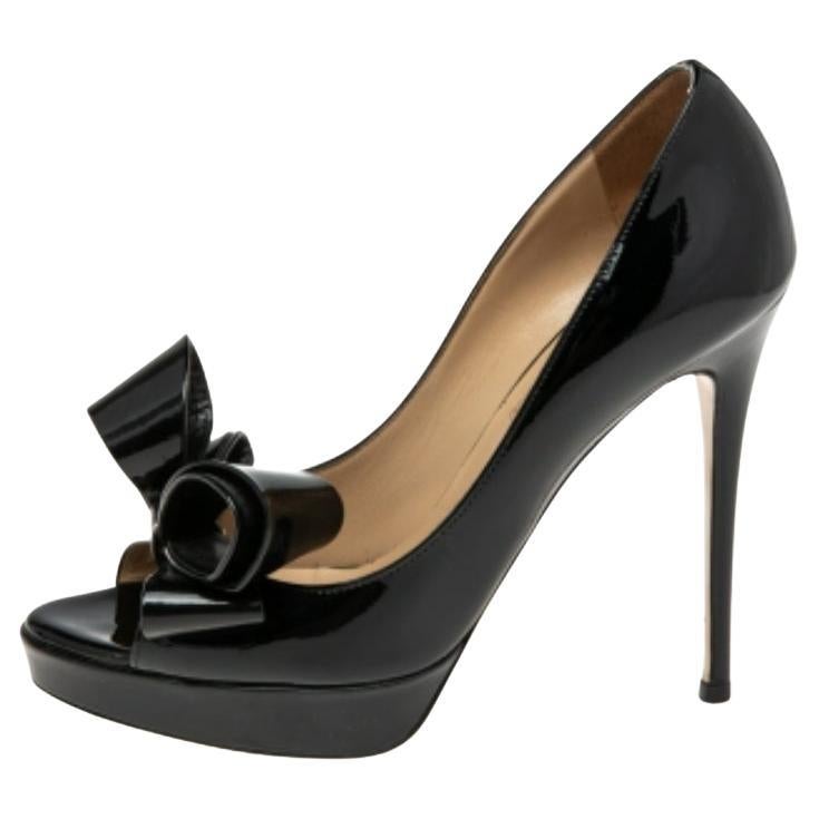 Valentino Schwarze Couture Plateau Pumps aus Lackleder mit Schleife und Peep Toe Größe 36