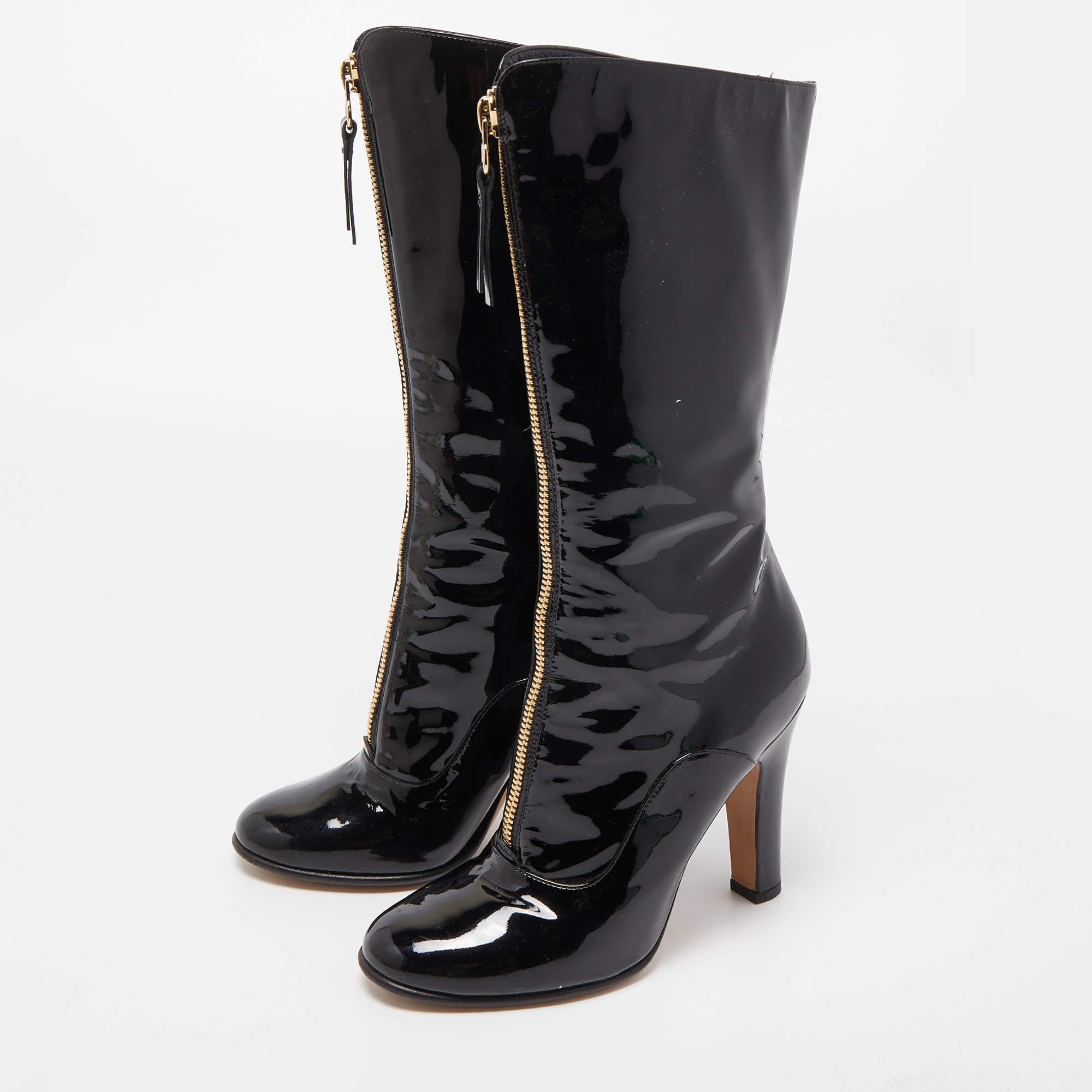Women's Valentino Black Patent Leather Knee Length Boots Size 38