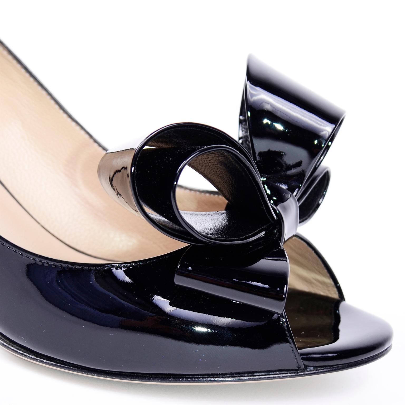 Valentino Black Patent Leather Open Toe Heels With Statement Bows 1