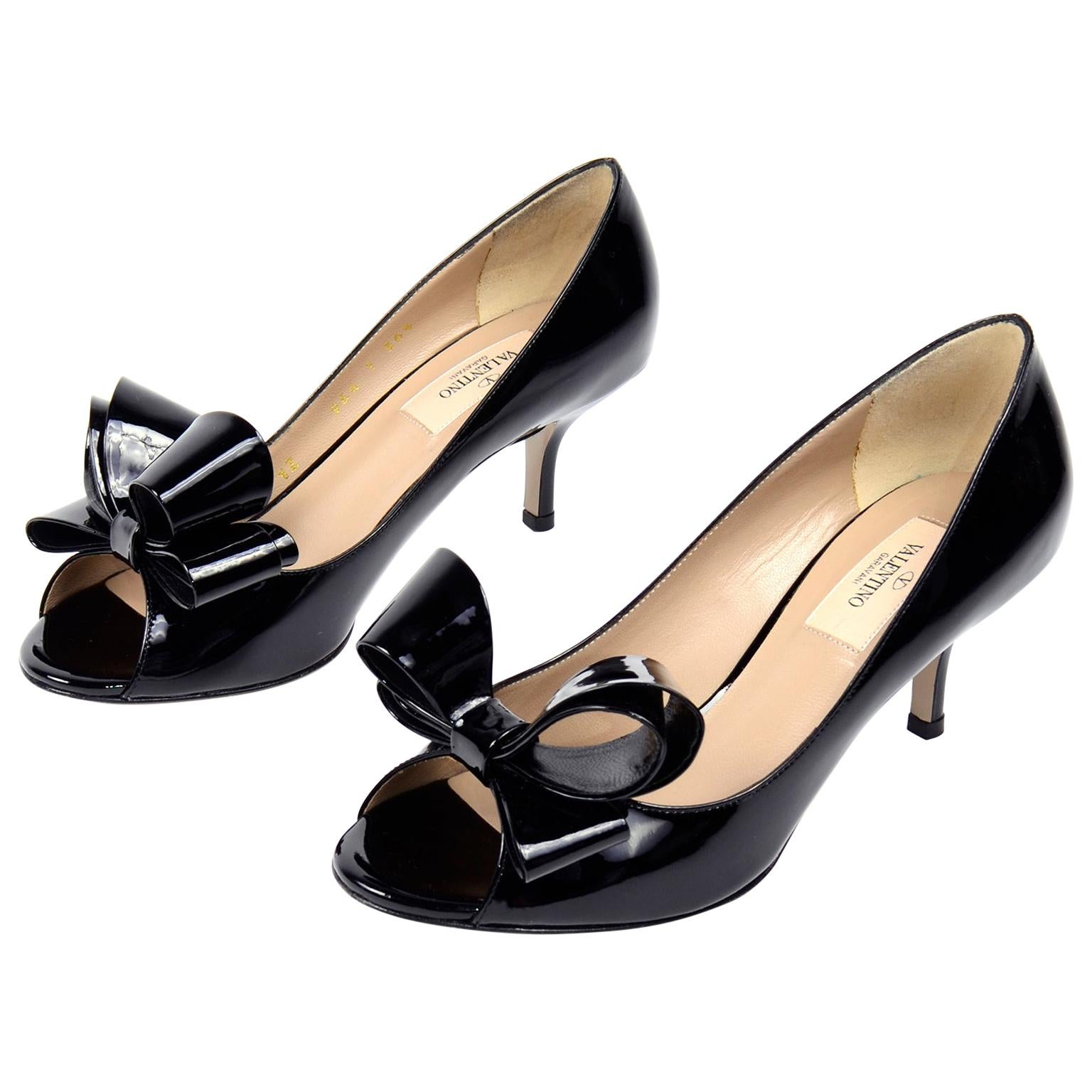Valentino Black Patent Leather Open Toe Heels With Statement Bows