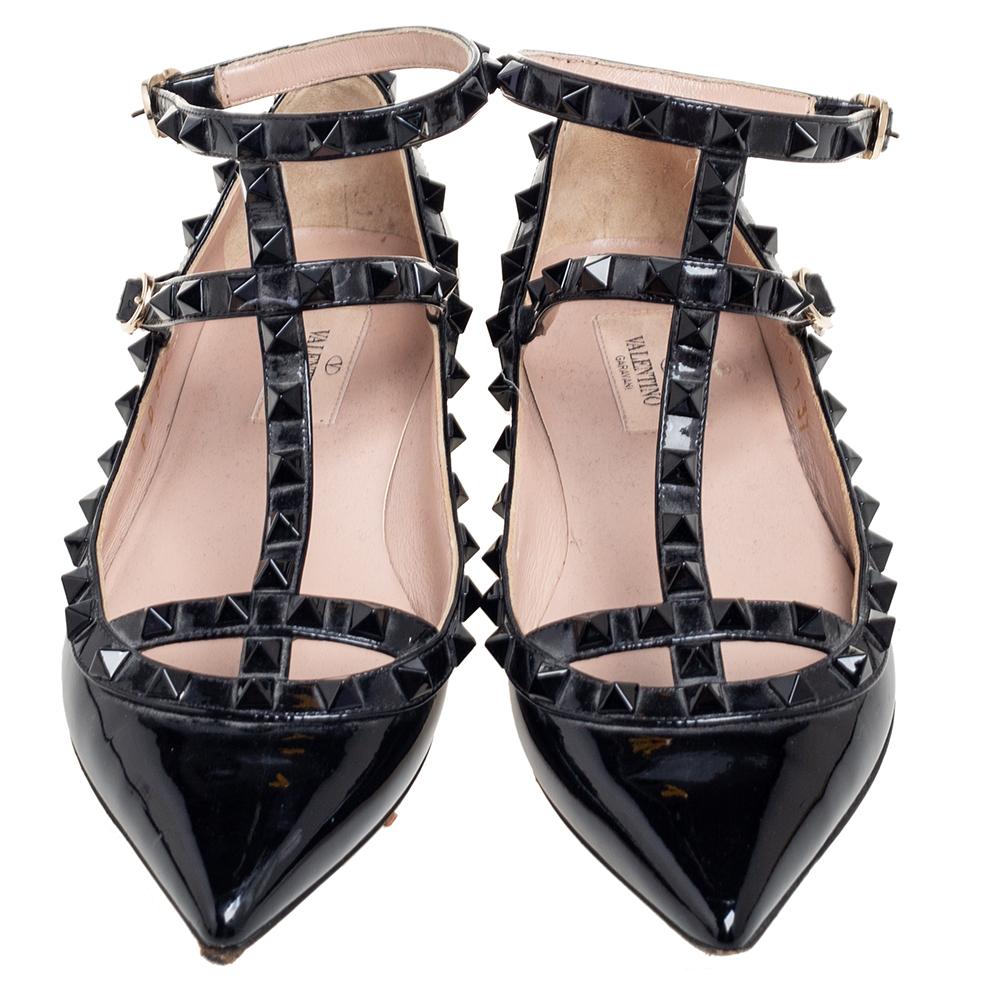 Women's Valentino Black Patent Leather Rockstud Ankle-Strap Ballet Flats Size 37
