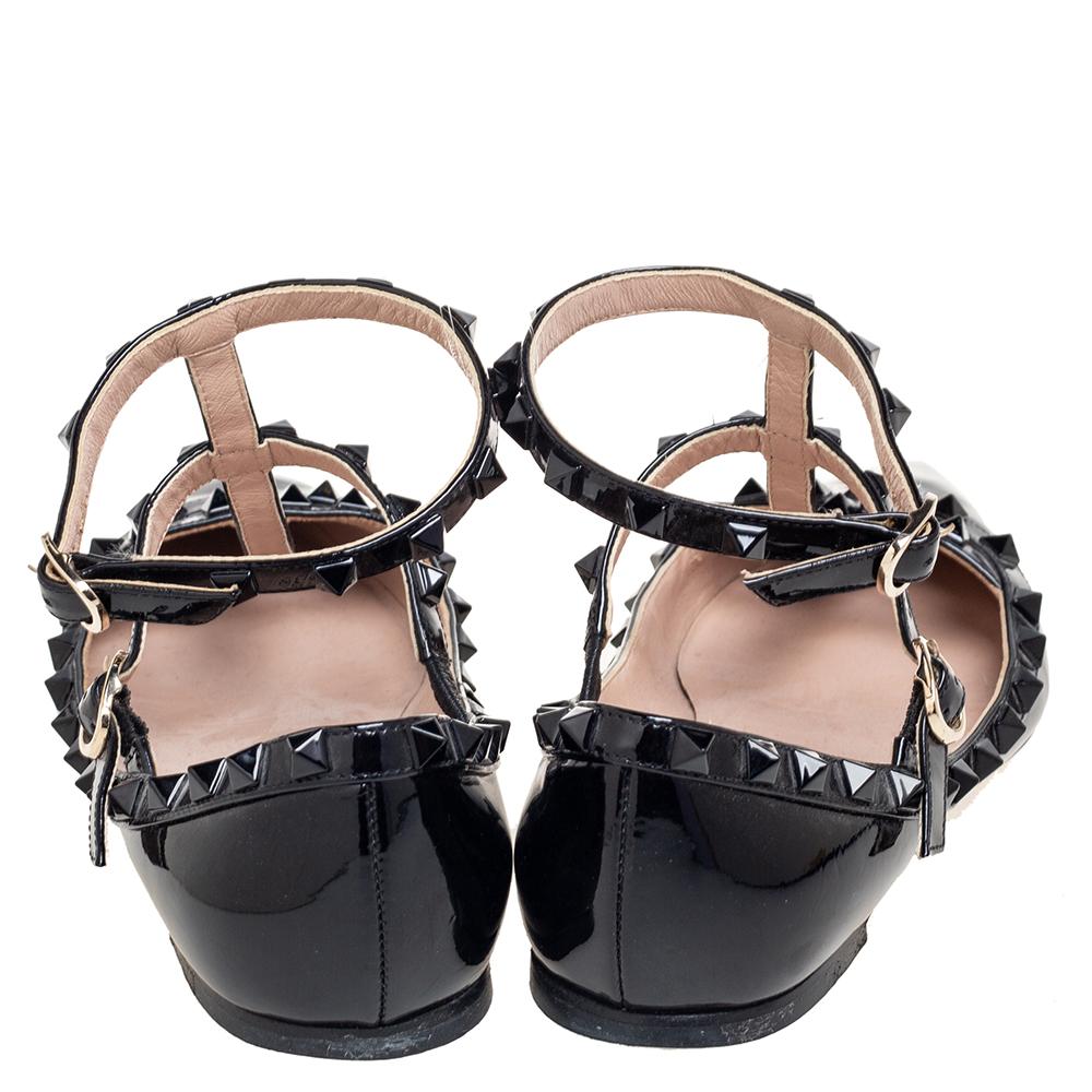 Valentino Black Patent Leather Rockstud Ankle-Strap Ballet Flats Size 37 1