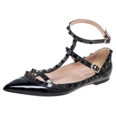 Valentino Black Patent Leather Rockstud Ankle-Strap Ballet Flats Size 37