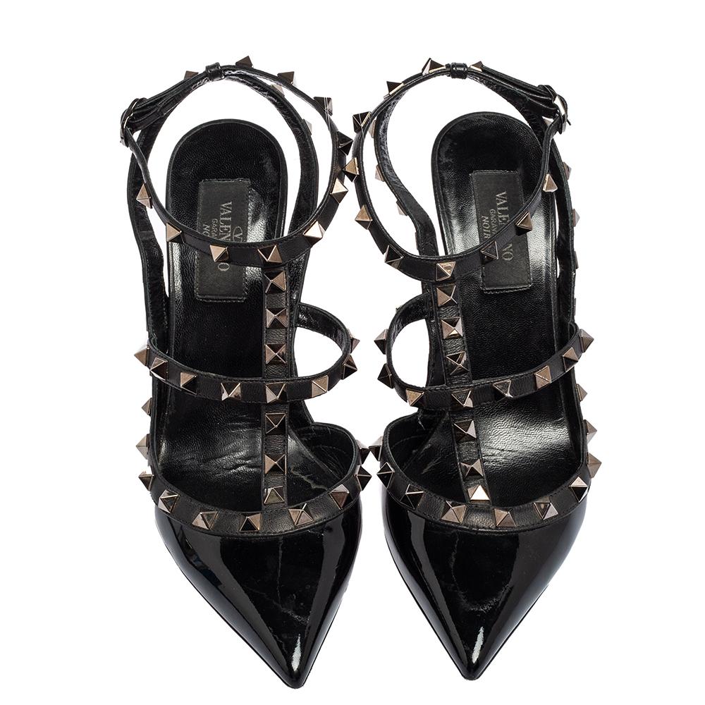 Women's Valentino Black Patent Leather Rockstud Ankle-Strap Pumps Size 37