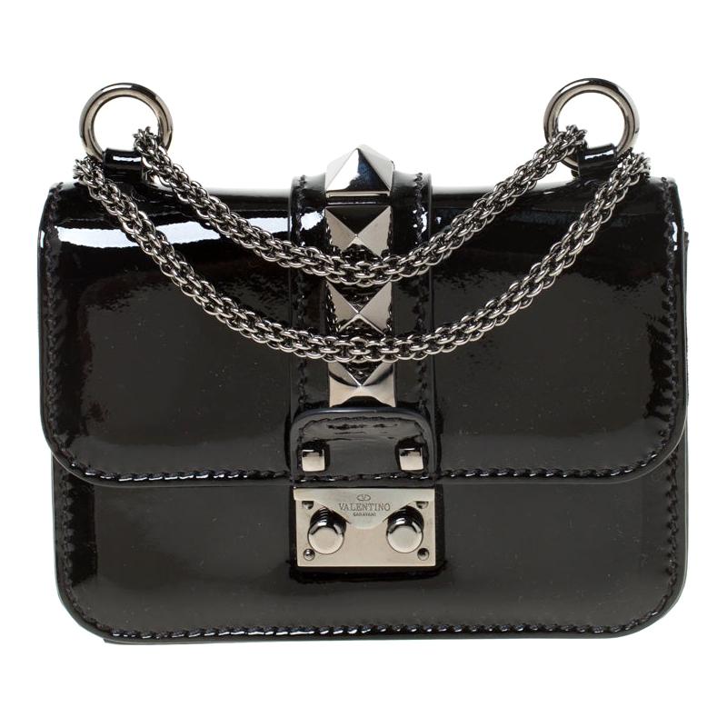Valentino Black Patent Leather Rockstud Mini Glam Lock Shoulder Bag For ...