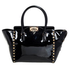 Valentino Black Patent Leather Small Rockstud Trapeze Tote