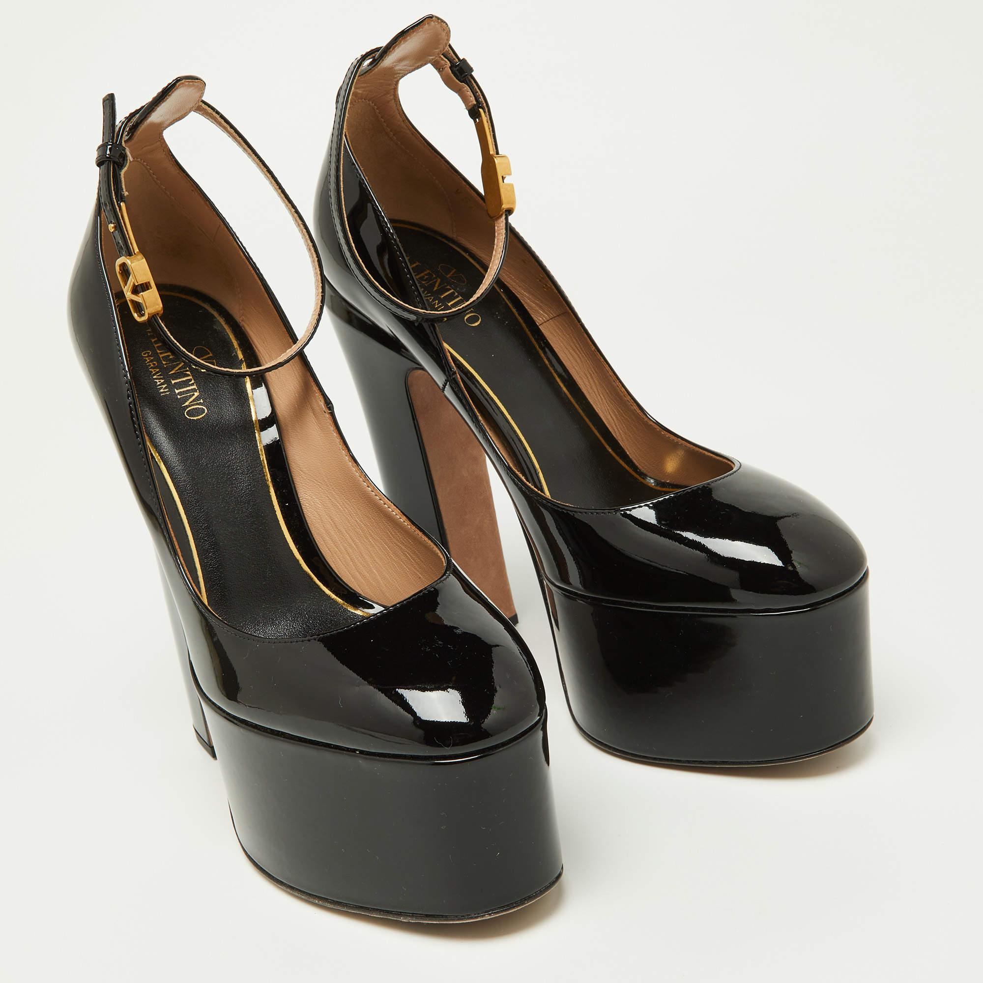 Women's Valentino Black Patent Leather Tan-Go Platform Ankle Strap Pumps Size 38 For Sale