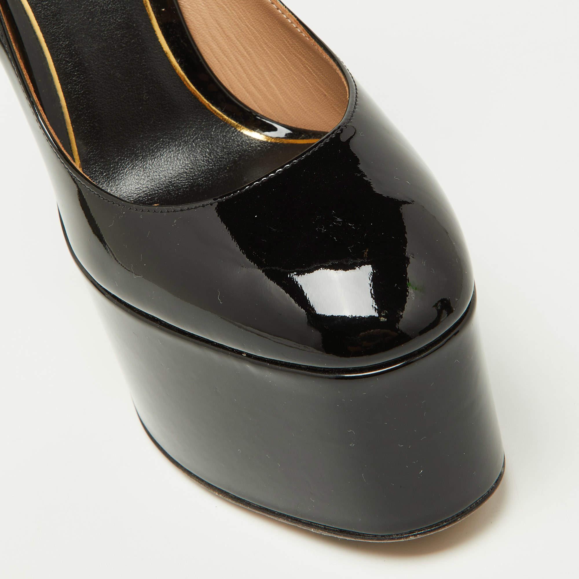 Valentino Black Patent Leather Tan-Go Platform Ankle Strap Pumps Size 38 For Sale 1