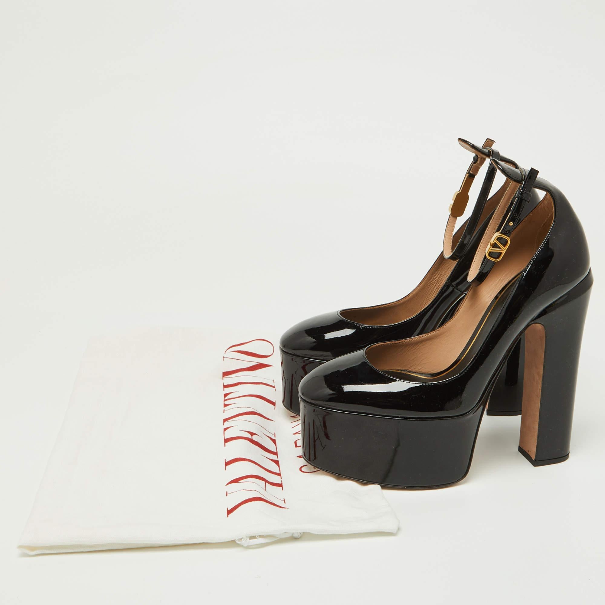 Valentino Black Patent Leather Tan-Go Platform Ankle Strap Pumps Size 38 For Sale 4