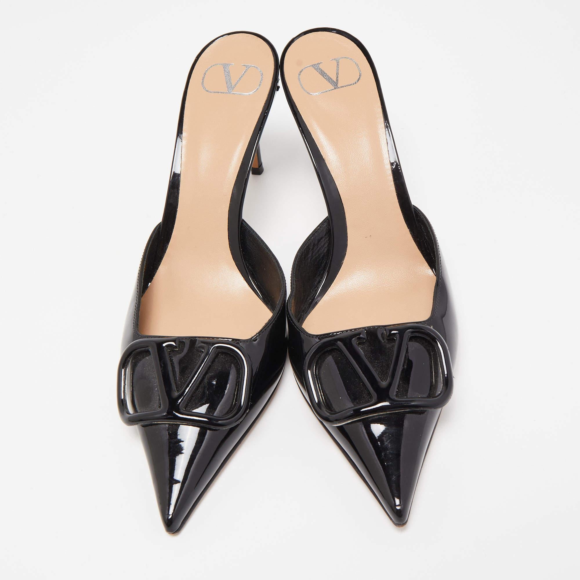 Women's Valentino Black Patent Leather V LOGO Mules 