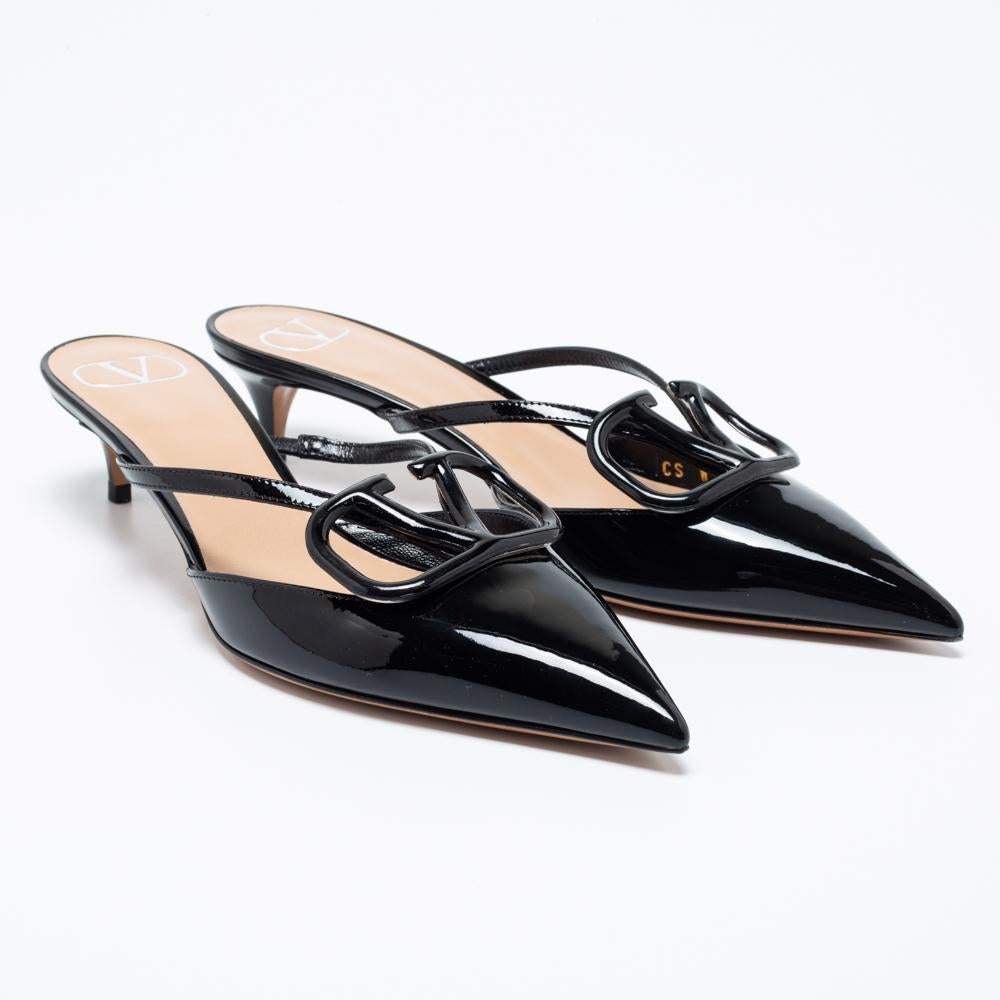 Valentino Black Patent Leather VLogo Signature Pointed-Toe Mule Sandals Size 36 1