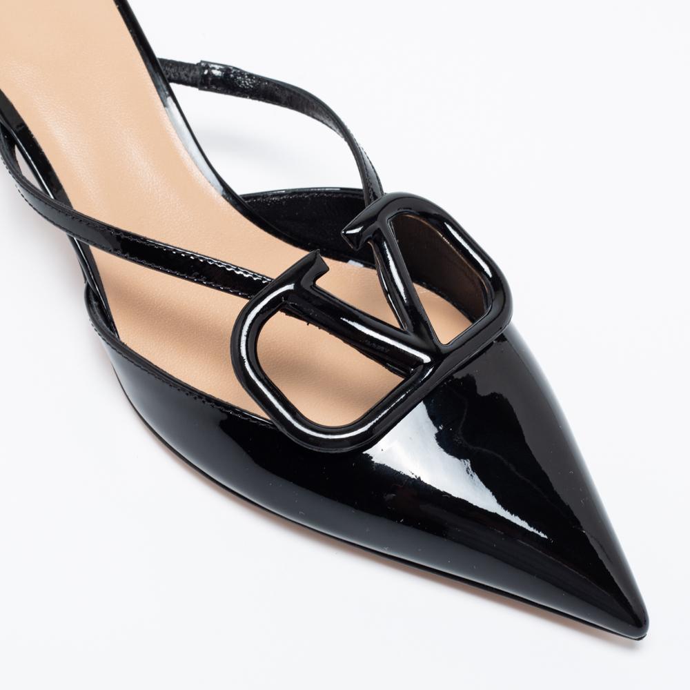 Valentino Black Patent Leather VLogo Signature Pointed-Toe Mule Sandals Size 36 2