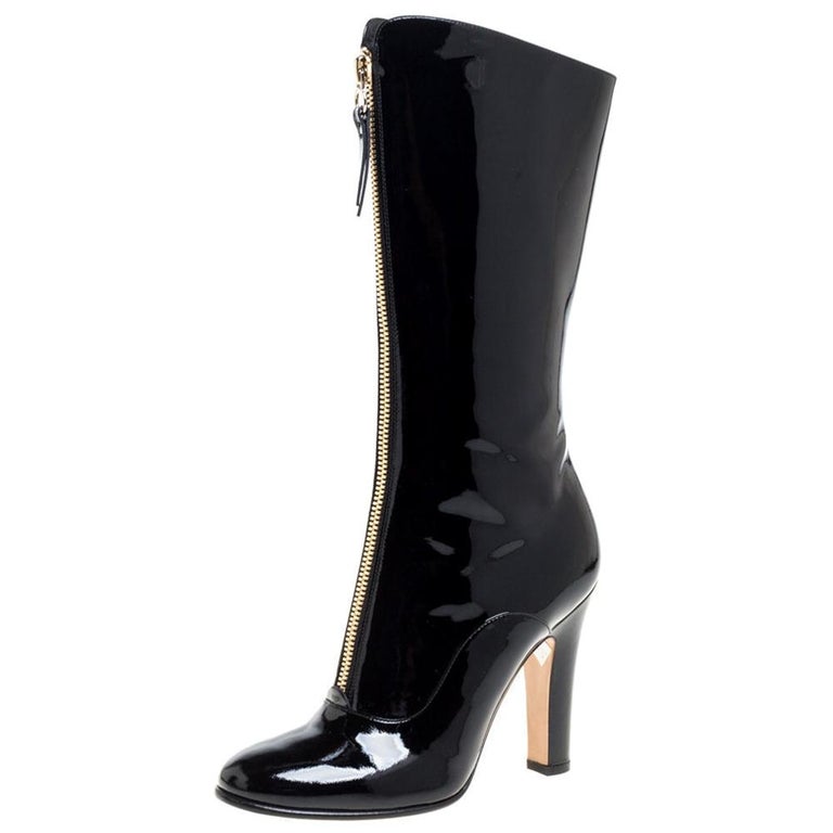 Valentino Black Patent Leather Zip Detail Mid Calf Boots Size 38 at 1stDibs