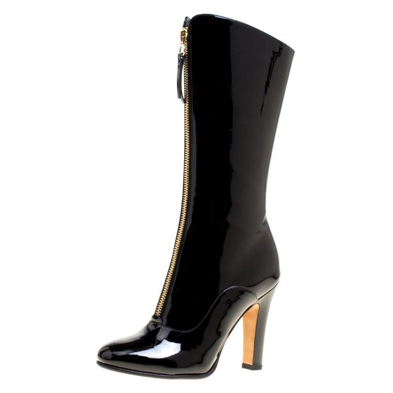 Valentino Black Patent Leather Zip Detail Mid Calf Boots Size 40 For ...