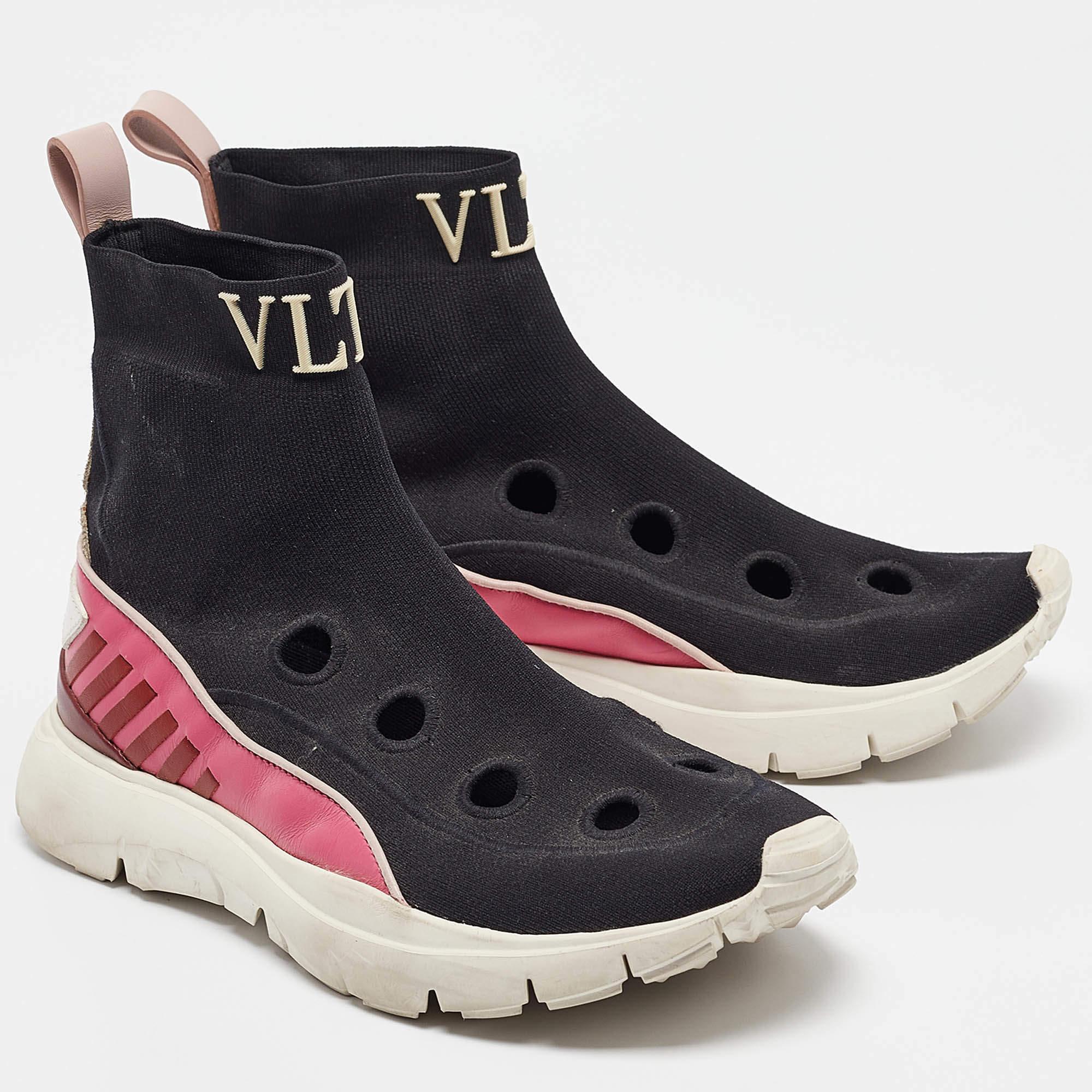Women's Valentino Black/Pink Fabric and Leather VLTN High Top Sneakers Size 35 For Sale